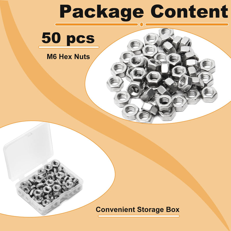 [Australia - AusPower] - 50pcs M6 Hex Nut, Stainless Steel 304, Hex Drive, Metric M6x1 Nuts Fasteners, Replacement Nut, Right Hand, M6-1.0mm Hexagonal Nut M6-1.0 