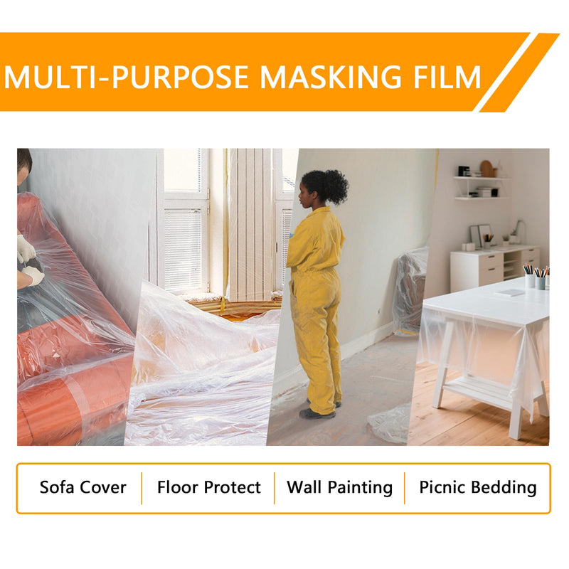 Painters Plastic with Tape 22" x 66',Pre-Taped Masking Film for Painting,Paint Protection Film with Built-in Tape, Drip-Free Painting for Cars,Walls, Floors, Furniture（2 Rolls） 22" x 66' 2 rolls