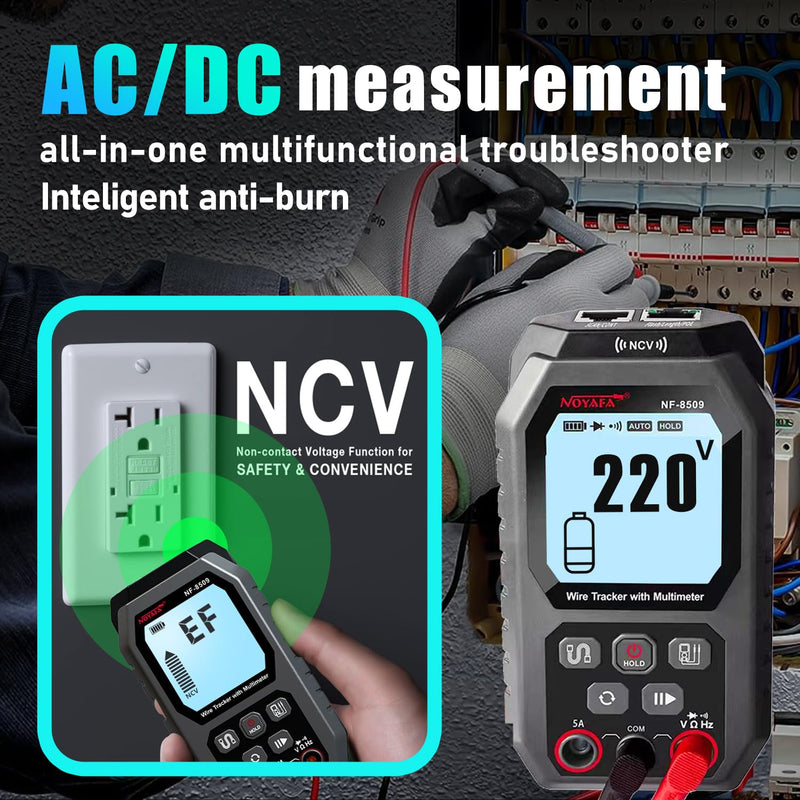 [Australia - AusPower] - NOYAFA NF-8509 Network Cable Tester (with Multimeter Tester), POE/RJ45 RJ11 CAT5 CAT6 LAN/Ethernet Port Flashing, Anti-Interference TDR Network Tester/NCV Anti-Burnout AC DC Voltmeter Network Tool Black 
