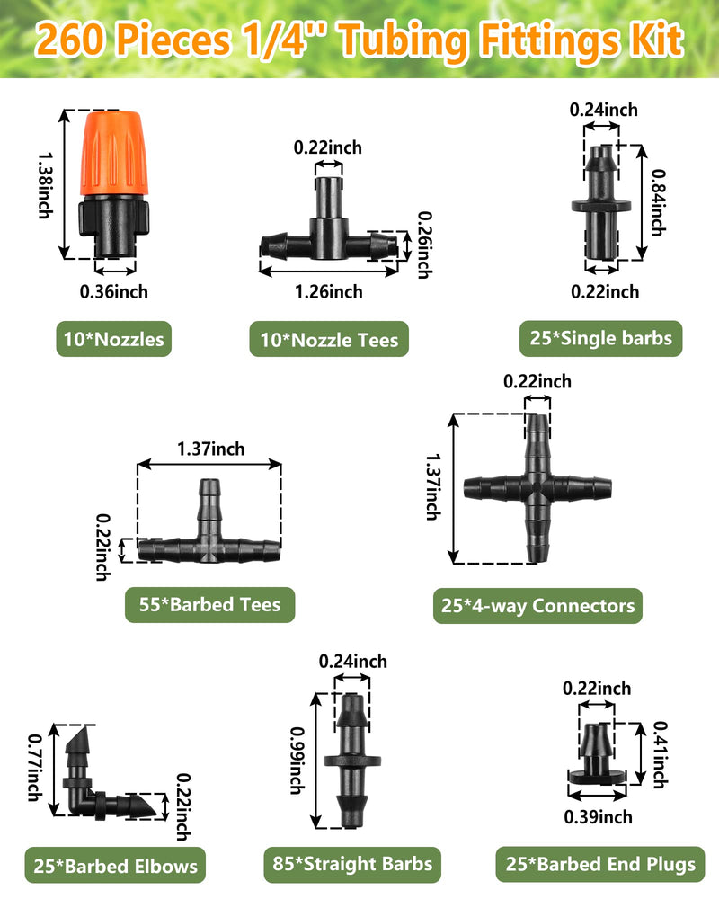 [Australia - AusPower] - Drip Irrigation Fittings Kit for 1/4 Inch Tubing, 260 Pcs 1/4" Drip Line Barbed Connectors - 85 Couplings, 55 Tees, 10 Nozzles, 10 Nozzle Tees, 25 Single barbs, 25 Elbows, 25 Plugs, 25 Crosses 4/7mm Drip Fittings Set-260P 