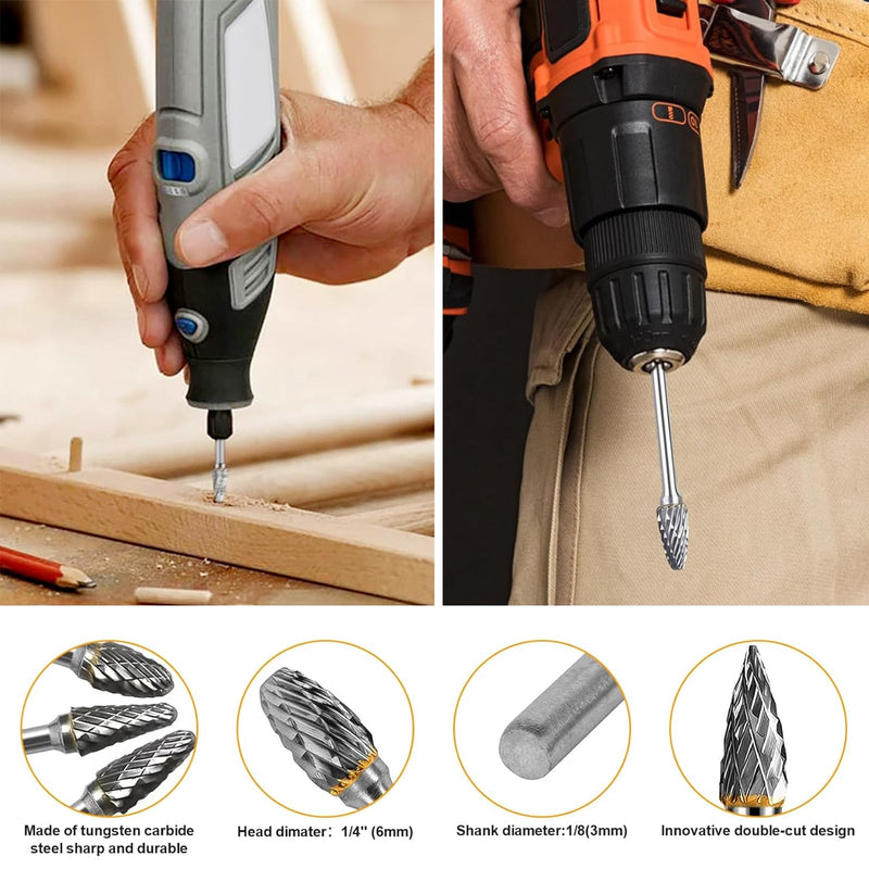 [Australia - AusPower] - 6 Piece Carbide Burr Set, Tungsten Carbide Cutter 6 mm Shank, Carbide Burr with Double Cut for Dremel, with 1/8 Inch Shank, for Grinder, Carving, Metal Polishing, Engraving, Drilling 