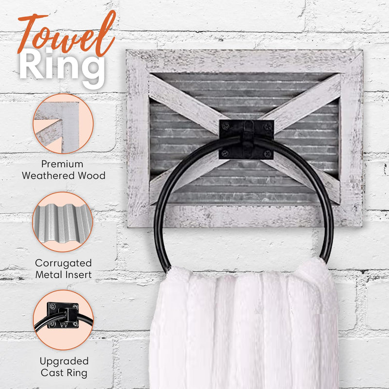 Autumn Alley Farmhouse Toilet Paper Holder and Towel Ring, Wall Mount, 2 Set - Farmhouse Wall Toilet Paper Holder and Bathroom Hand Towel Holder Decor, Wooden, Rustic White