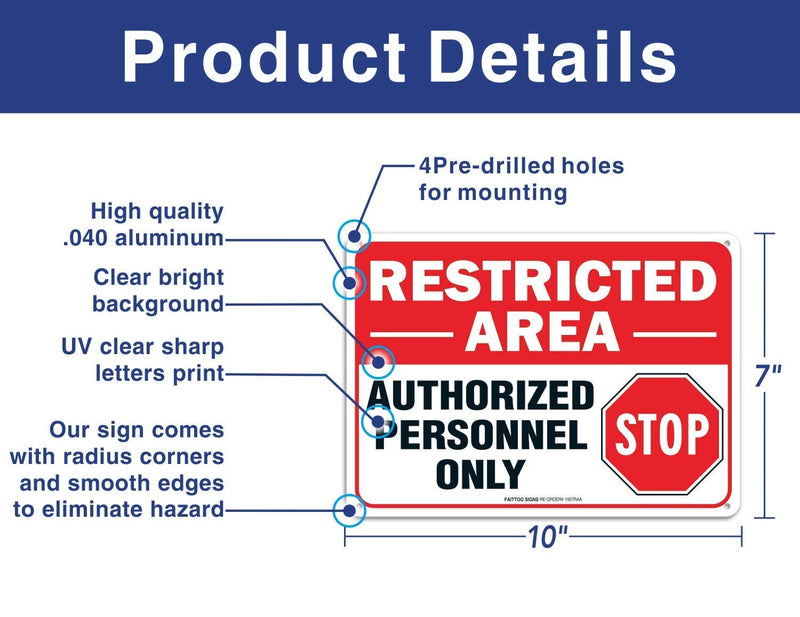 [Australia - AusPower] - (6 Pack) Restricted Area Sign Authorized Personnel Only, Do Not Enter Sign, 10 x 7 Inches .40 Rust Free Aluminum, UV Protected, Weather Resistant, Waterproof, Durable Ink，Easy to Mount 