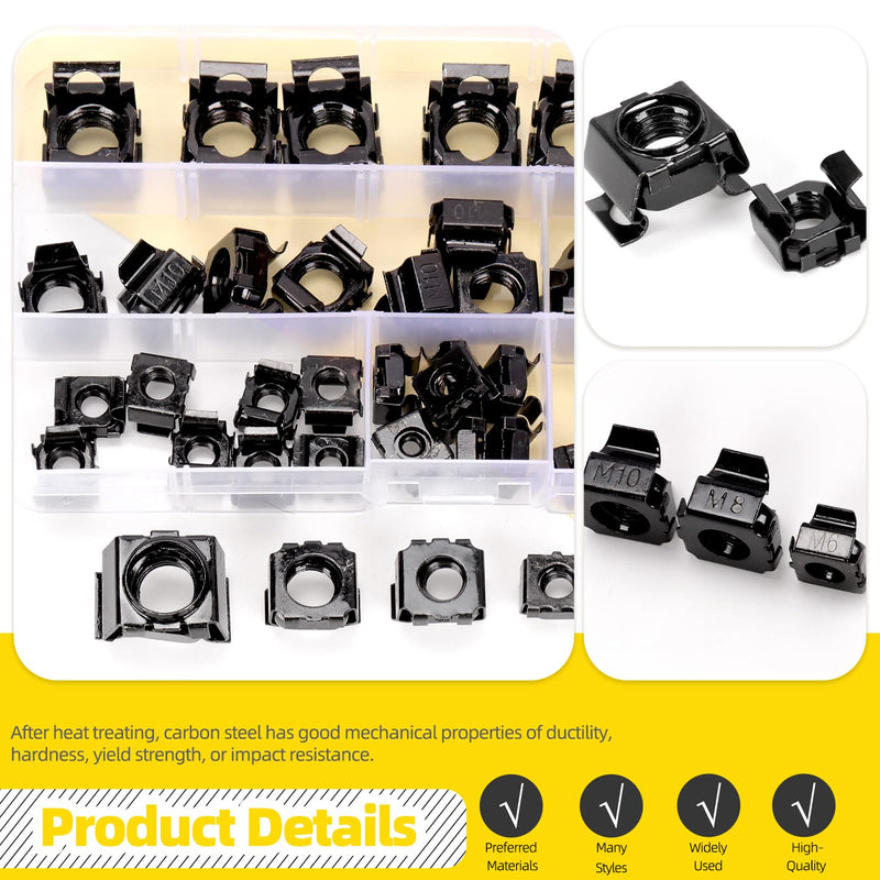 [Australia - AusPower] - 84Pcs Snap-in Cage Nuts Assortment Kit, M4 M5 M6 M8 M10 M12 Carbon Steel Zinc Plated Metric Cage Nuts Clip-On Nuts, Rack Nuts, Rack Mount Clip Nuts for Shelve Cabinet, Black 84 