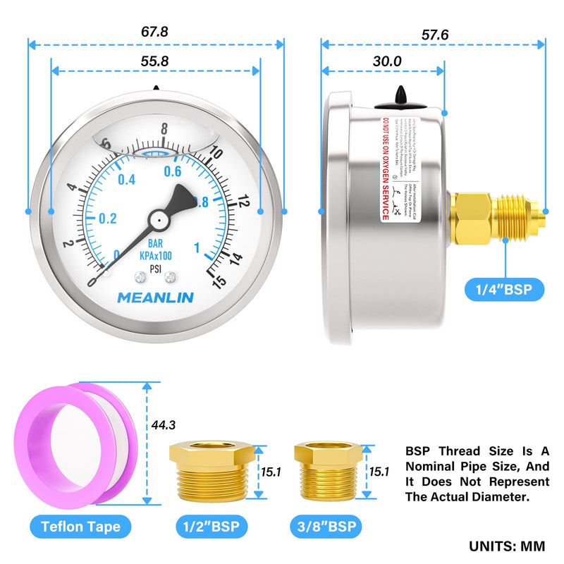 [Australia - AusPower] - MEANLIN MEASURE 0~1BAR/15PSI Stainless Steel 1/4 Inch BSP 2.5 Inch Face Dial Liquid Filled Pressure Gauge WOG Water Oil Air Rear Mount, with 1/4" x 1/2" BSP and 1/4" x 3/8" BSP Hex Socket 0~1BAR/0~15PSI Rear mounted 