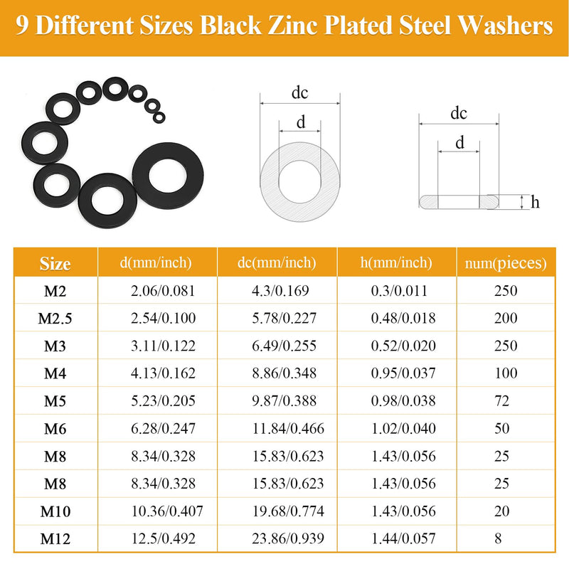 [Australia - AusPower] - 1000 Pieces 9 Sizes Black Zinc Plated Steel Flat Washers for Screws Bolts, Black Washers, Metal Washers, Assorted Washers (M2 M2.5 M3 M4 M5 M6 M8 M10 M12) 