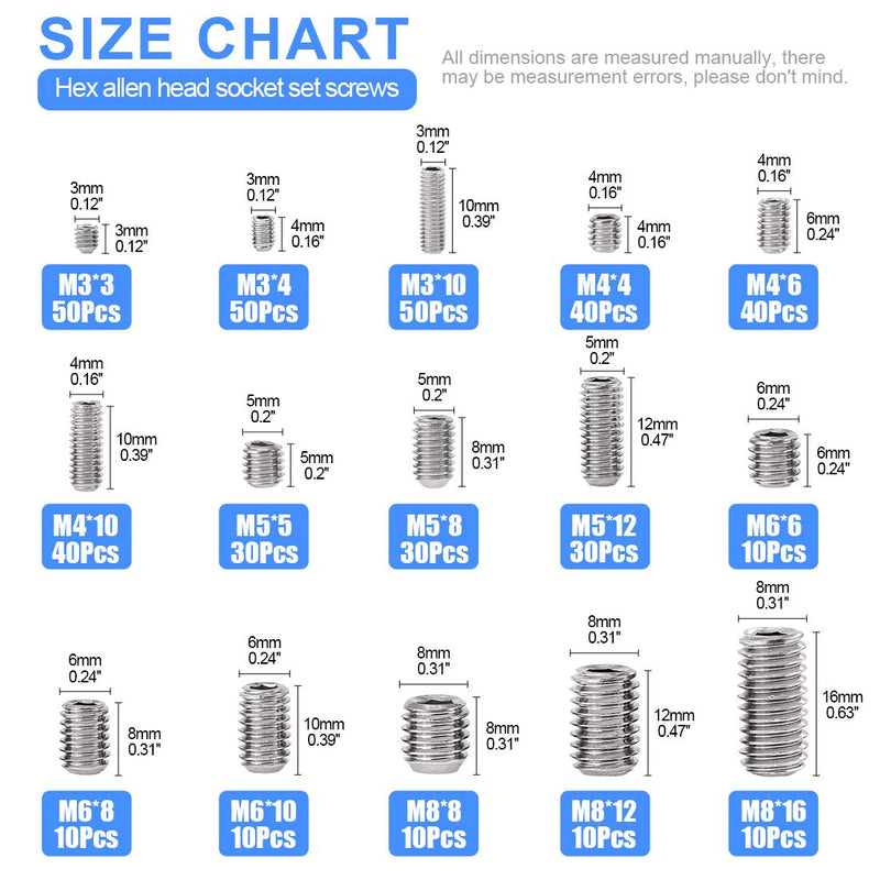 [Australia - AusPower] - Glarks 420Pcs M3/M4/M5/M6/M8 Allen Head Socket Set Screw, 304 Stainless Steel Internal Hex Drive Grub Screw Assortment Kit 