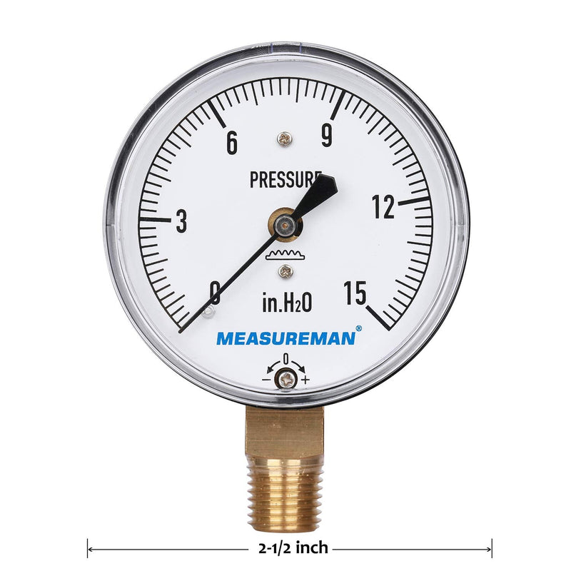 [Australia - AusPower] - MEASUREMAN Diaphragm Type Capsule Low Pressure Gauge, 2-1/2" Dial, 1/4"NPT Lower Mount, Adjustable, 0-15 in H2O(Inches of Water) 