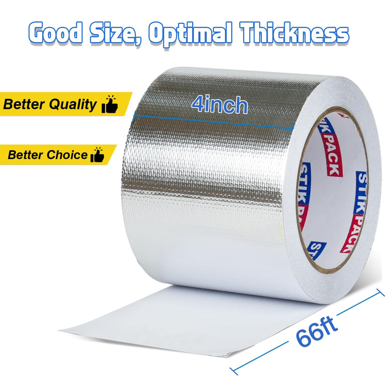 Aluminum Foil Heat Shield Tape 4in x 66ft, Self-Adhesive Heat Reflective Heat Resistant High Temperature Fiberglass Tear-Proof HVAC Silver Duct Tape for Ductwork, Dryer Vent & Insulation 4inx66ft