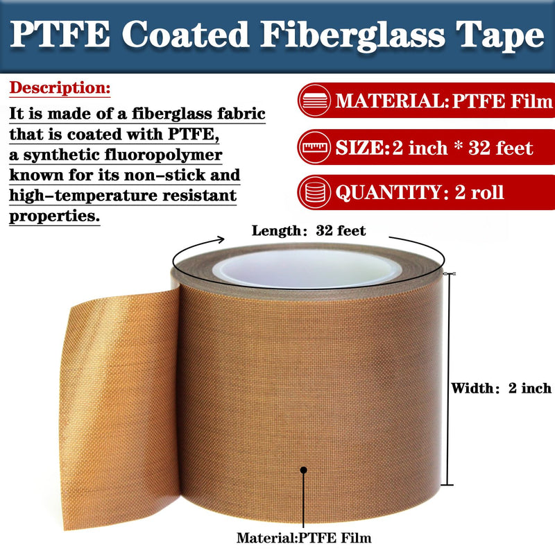 High-Temperature Teflon Fabric Tape, 2 Inch×33 Feet PTFE Tape for Vacuum Sealer Machine, Hand Impulse Sealers Insulation PTFE Coated Fiberglass Adhesive Tape Waterproof, Heat Resistant, Durable 2"×10M×1ROLL