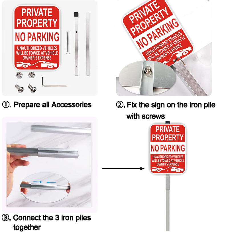 (2 Pack) Large Private Property No Parking Sign with Stake 36" Tall | 14" x 10" Vehicle Towed At Owner's Expense Sign, Reflective Rust Free Aluminum, UV Protected, Fade Resistance, Easy to install 2Pack 36x10 with Stake