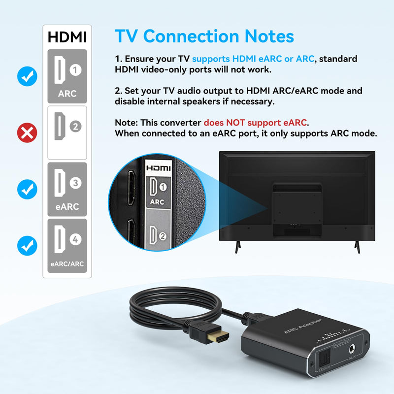 [Australia - AusPower] - VPFET HDMI ARC Audio Extractor Only Work for HDTV ARC to Optical HDMI ARC to RCA Audio Converter Adapter RCA to 3.5MM AUX+Toslink output Support 192KHZ for Soundbar Speaker Headphones Amplifier No CEC 