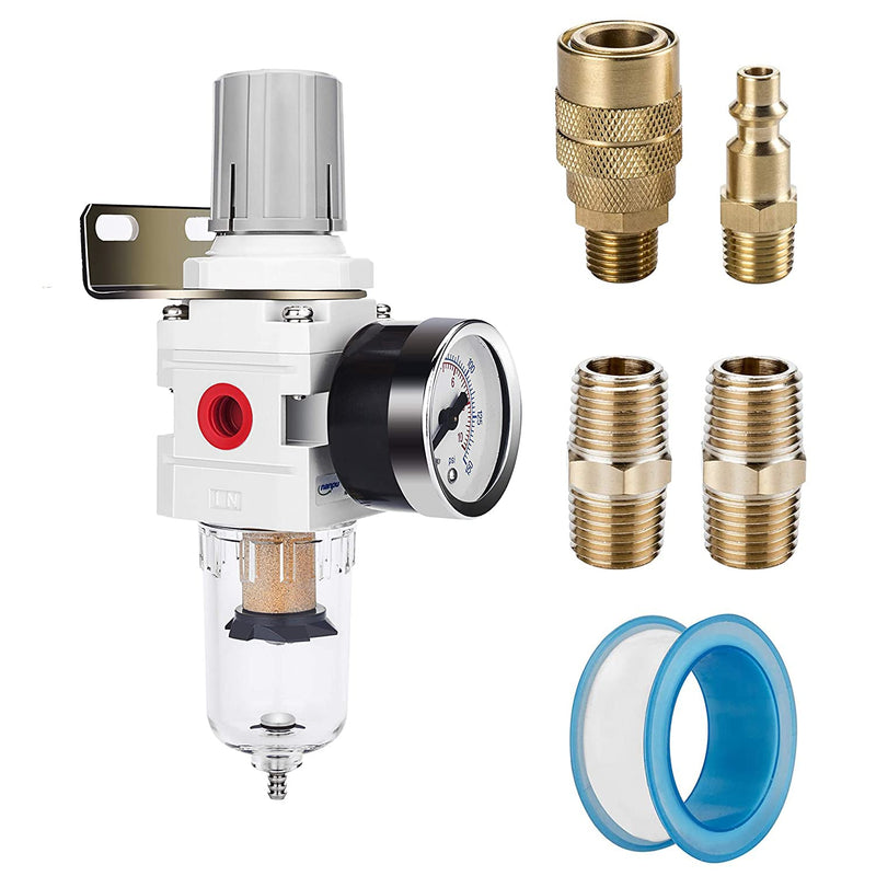 NANPU 1/4" NPT Compressed Air Filter Regulator Combo Piggyback, 5 Micron Brass Element, Poly Bowl, Semi-Auto Drain, Metal Bracket, 0-150 psi Gauge Semi-Auto Drain, Metal Coupler&Plug