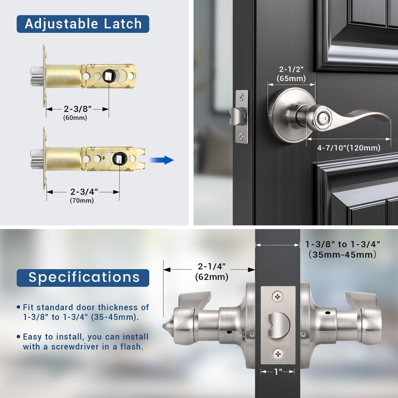 Knobonly 1 Pack Brushed Satin Nickel Door Lever Privacy Door Handles, Zinc Alloy Door Handle Interior, Keyless Lock for Bedroom or Bathroom Brushed Nickel