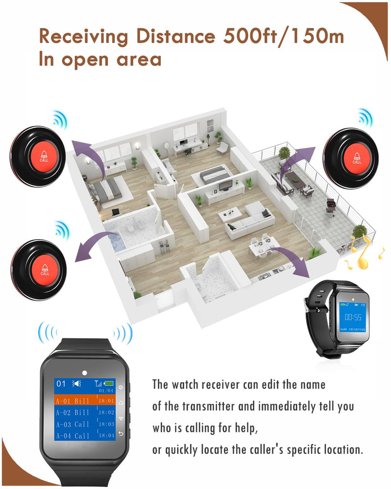 [Australia - AusPower] - CallToU Wireless Caregiver Pager Call Button 500+Feet Nurse Alert System for Elderly Monitoring Waterproof Call Bell for Home 1 Receiver Wrist Pager 2 SOS Call Buttons 2 call buttons + 1 watch receiver 