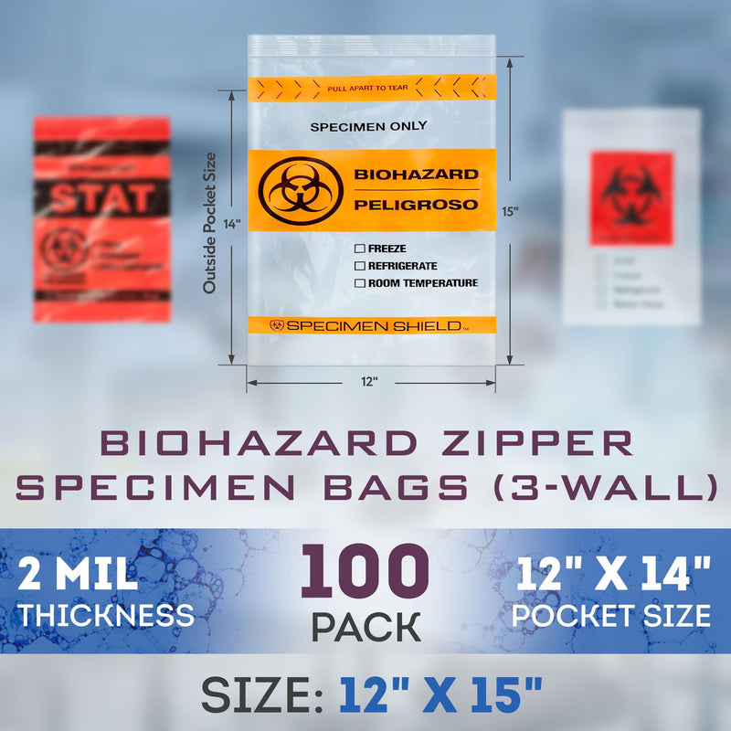 APQ Supply Biohazard Specimen Bags with Tear Strip, Clear Orange, 12 x 15 Inches, Pack of 100, Zipper Closure, 3-Wall Design for Document and Sample Storage 1 Count (Pack of 100) 12" x 15" Clear-Orange-Black / 3 Wall