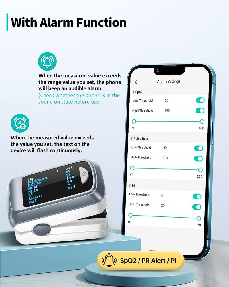 [Australia - AusPower] - Pulse Oximeter HealthTree Oxygen Monitor Fingertip, Bluetooth Pulse Ox with Free APP, O2 Pulse Oximeter Finger and Heart Rate Monitor, 2 X AAA Batteries, Lanyard Gray 