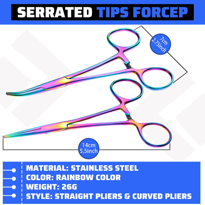 [Australia - AusPower] - BBTO Hemostat Curved and Straight Hemostat Forceps Piercing Pliers Forceps, Stainless Steel Straight and Curved Pliers, Fishing Tweezer(Colorful,2 Pcs) 2 Colorful 
