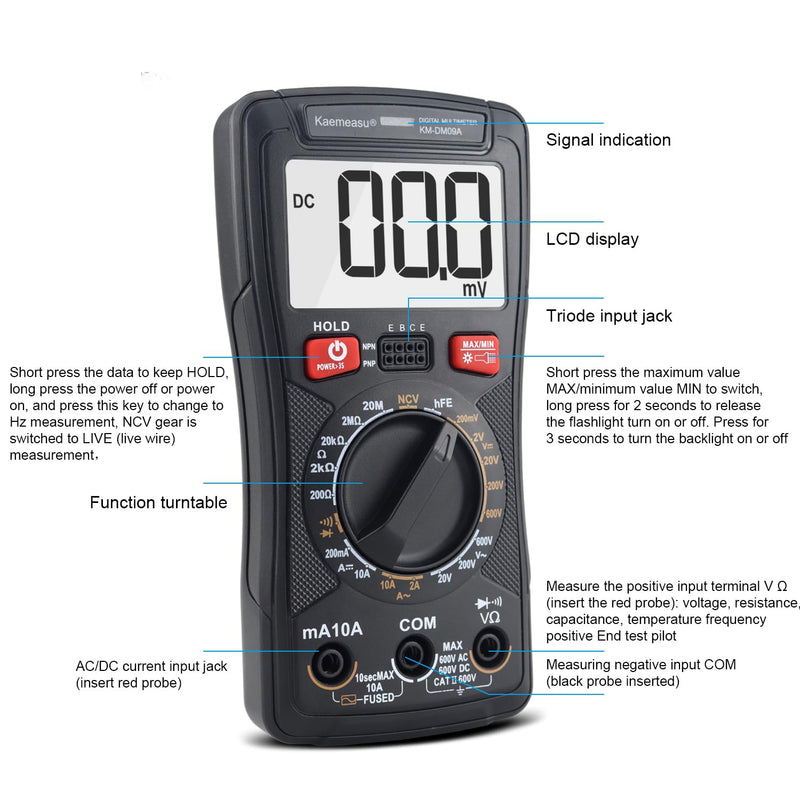 [Australia - AusPower] - Digital Multimeter Handheld Tester 2000 Counts with NCV Function Suitable for Home Industrial and Automotive Use Diode hFE Tester Smart Multimeter Electronic Service Tool KM-DM09 Series (KM-DM09A) KM-DM09A 