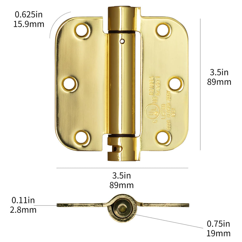 [Australia - AusPower] - Sophia Self-Closing Door Hinge 3.5 Inch Rounded 5/8 Radius Interior, Spring Loaded Hinge Adjustable Tension for Garage Residential Standard Bedroom Indoor Doors, 2 Pack, Polished Brass 