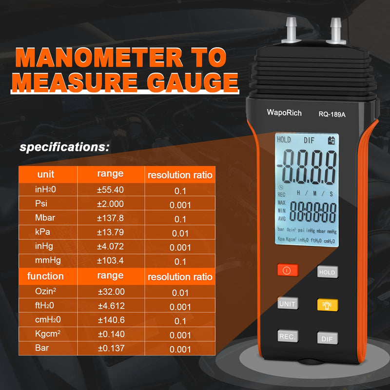 [Australia - AusPower] - WapoRich Pressure Gauge Professional Air Pressure Gauge RQ-189A, Differential Pressure Gauge, Dual Port Pressure Gauge, Gas Pressure Tester with 11 Selectable Units, Backlight 189A (±0.137 bar) 