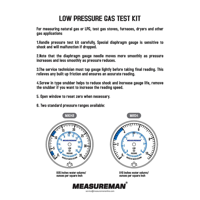 MEASUREMAN Natural Gas or LP Gas Manifold Pressure Test Kit, 0-35 "W.C., 1/4" NPT, 40" Length Hose 0-10inH2O Pressure Test Kit