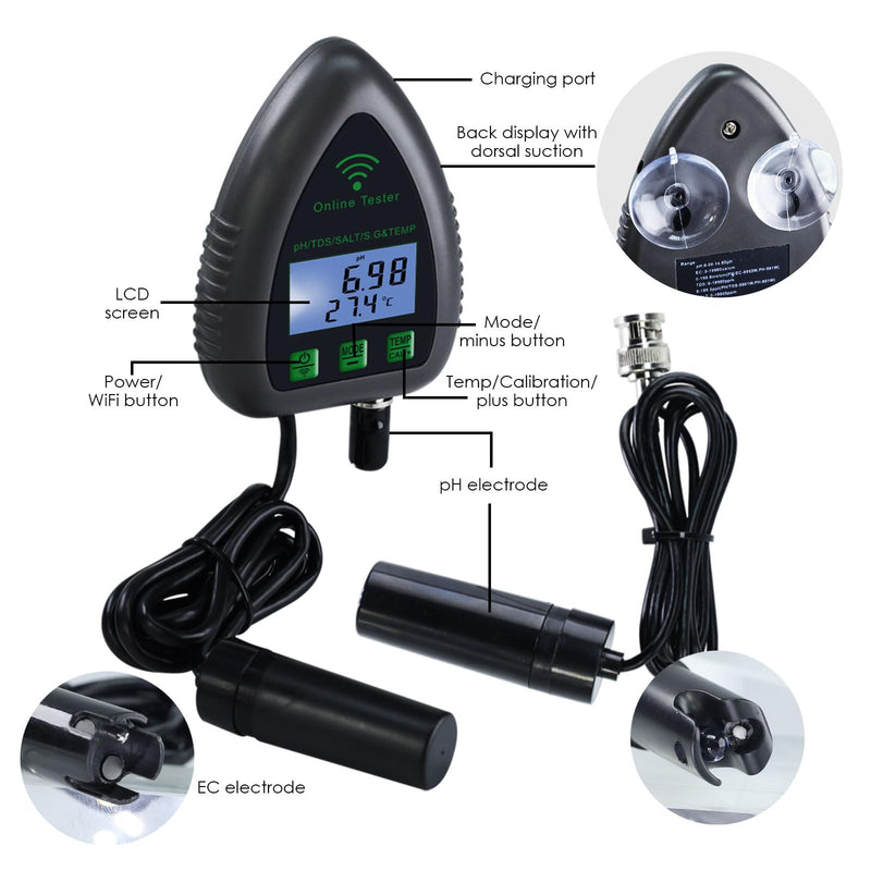 [Australia - AusPower] - Online APP Monitoring WiFi Water Quality Tester pH/TDS/Salt/S.G/Temperature for Aquarium Hydroponics Pool Aquaculture with Easy Calibration 