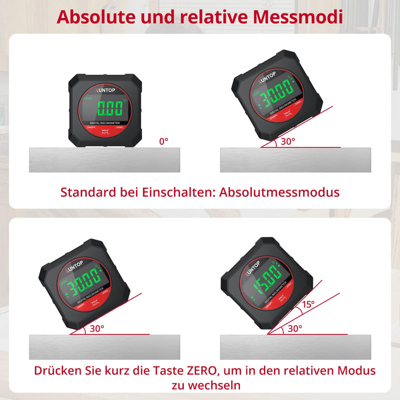 Xuntop Inclinometer 4 x 90° Digital Protractor 0.05° Resolution | For woodworking, workshops, outdoors, with magnetic base, durable and portable