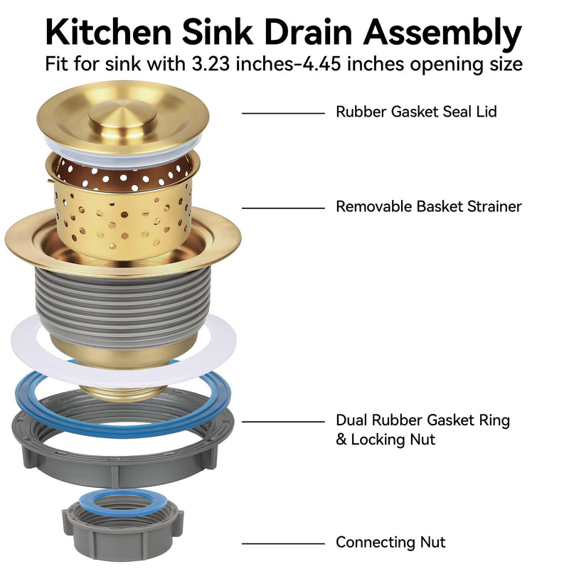 LQS Kitchen Sink Drain Strainer Assembly, Sink Drain 304 Stainless Steel with Removable Deep Waste Basket and Sealing Lid 3-1/2-inch Golden Deep Locking
