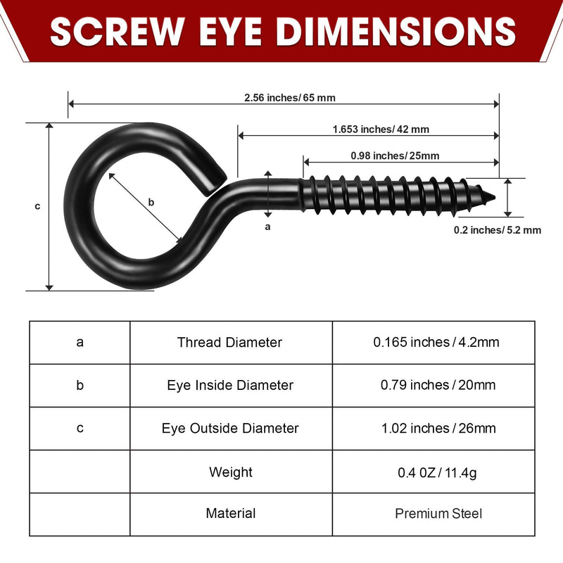 [Australia - AusPower] - 12Pcs Screw Eyes, 2.56 Inch Black Eye Hooks Screw Self Tapping Eye, Heavy Duty Eye Bolt for Wood Securing Cables Wire, Hammock Stand, Indoor & Outdoor Use 12Pcs 