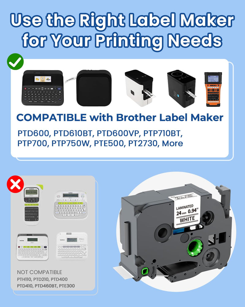 TZe-251 Label Maker Tape 24mm 0.94 Laminated White Compatible with Brother P-Touch Label Tape TZe251 TZ-251 Black on White 1 Inch TZe Tz Tape Work for Brother PT-D600 PT-D610BT PTP700 PTP710BT, 8-Pack