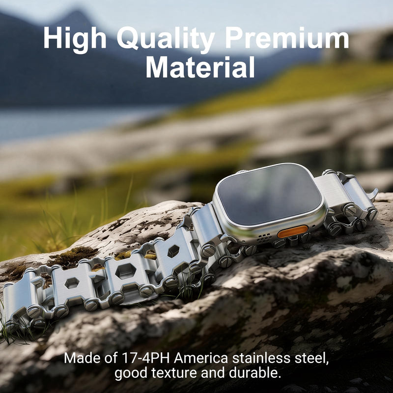 Stainless Tool Bracelet Compatible for LEATHERMAN TREAD, 29 in 1 Survival Hiking Camping Travel Friendly Multitools Wearable Bracelet Band Compatible with Apple Watch 44mm 45mm 46mm 49mm for Men Silver fit Apple Watch 44/45/46/49mm Model