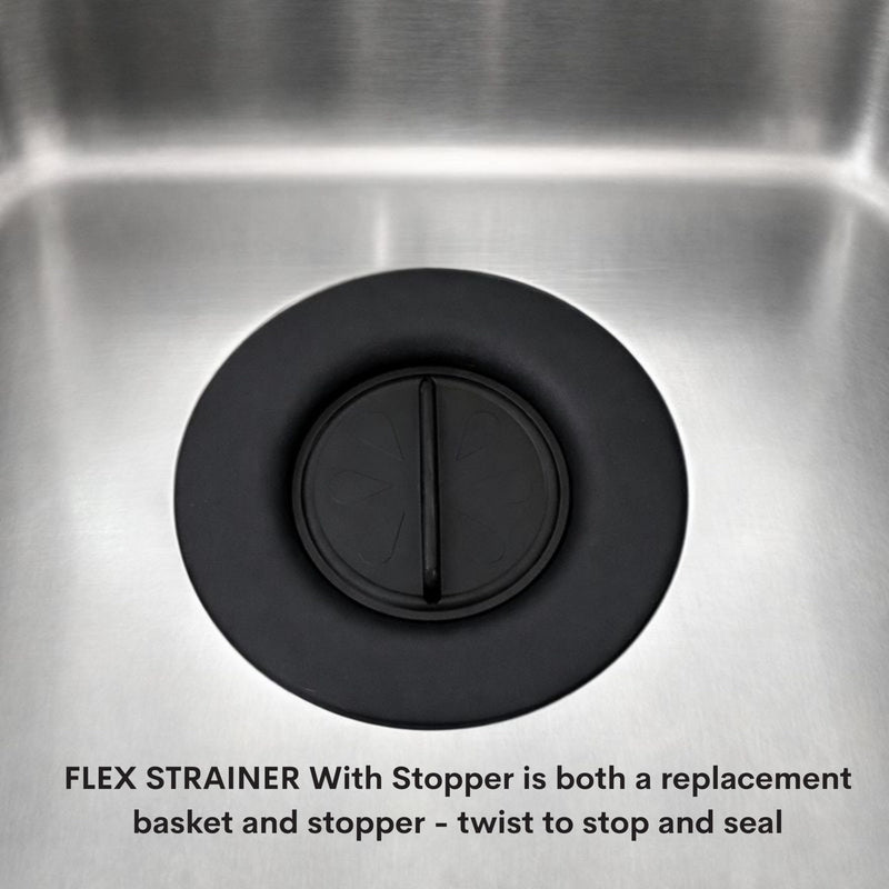 Flex Strainer® Sink Drain Strainer with Optional Stopper – No Center Stem, Fits Standard 3½” Sink Drains & Disposals – Easy Clean, Dishwasher Safe – Made in USA – Black, 2-Pack 2PK