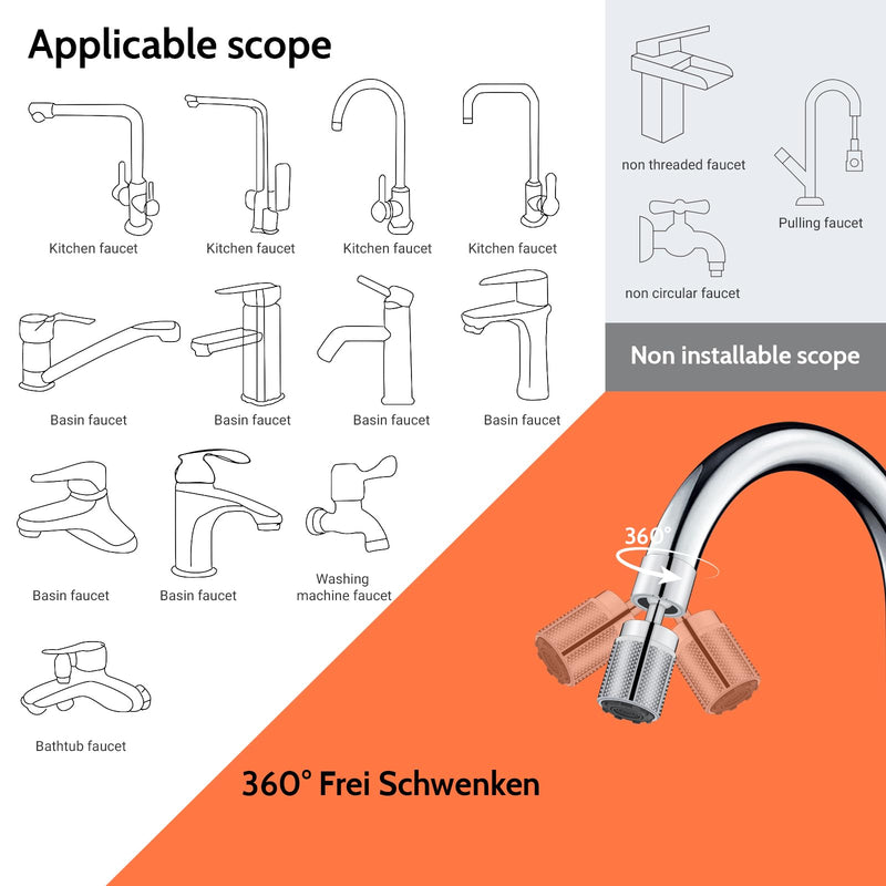 HUAERSICO Universal Kitchen Tap Attachment Stainless Steel with Three Jet Types | Swivel Tap Extension with Six Tap Adapters for Kitchen and Bathroom Silver White in Chrome