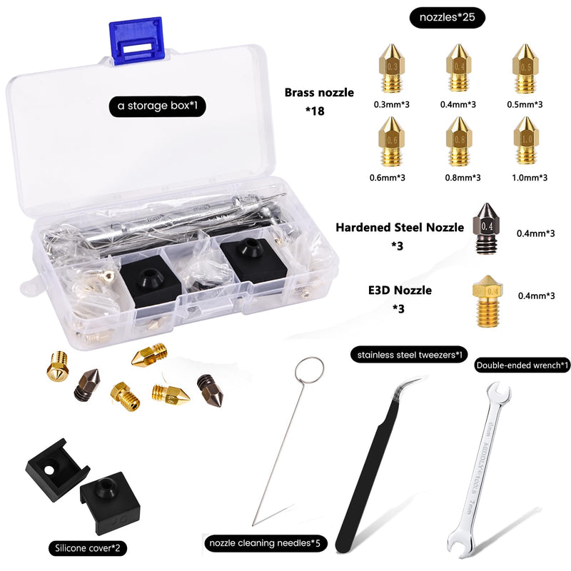 Comgrow 24PCS Ender 3 V2 Nozzles, 3D Printer Extruder Hardened Steel Nozzle 0.4mm, Brass Nozzle 0.3mm/0.4mm/0.5mm/0.6mm/0.8mm/1.0mm, DIY Tools Storage Box for Creality Ender 3 Series and CR 10 Series 0.3mm 0.4mm 0.5mm 0.6mm 0.8mm 1mm Brass Nozzle Kit