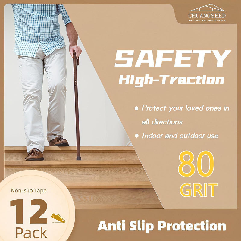 CHUANGSEED 12-Pack Non-Slip Outdoor Stair Treads Grip Tape 4'' x 30'', Heavy Duty Black Grit Anti-Slip,High Traction Adhesive Treads Suitable for Most Slippery Surfaces 4''x30''