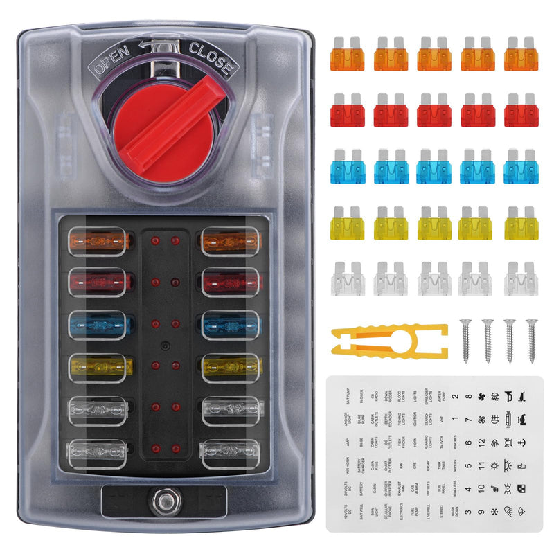 [Australia - AusPower] - 12 Volt Fuse Block, Waterproof Boat Fuse Panel with LED Warning Indicator Damp-Proof Cover, 12 Circuits with Negative Bus Fuse Box for Car Marine RV Truck Block DC 12-24V 