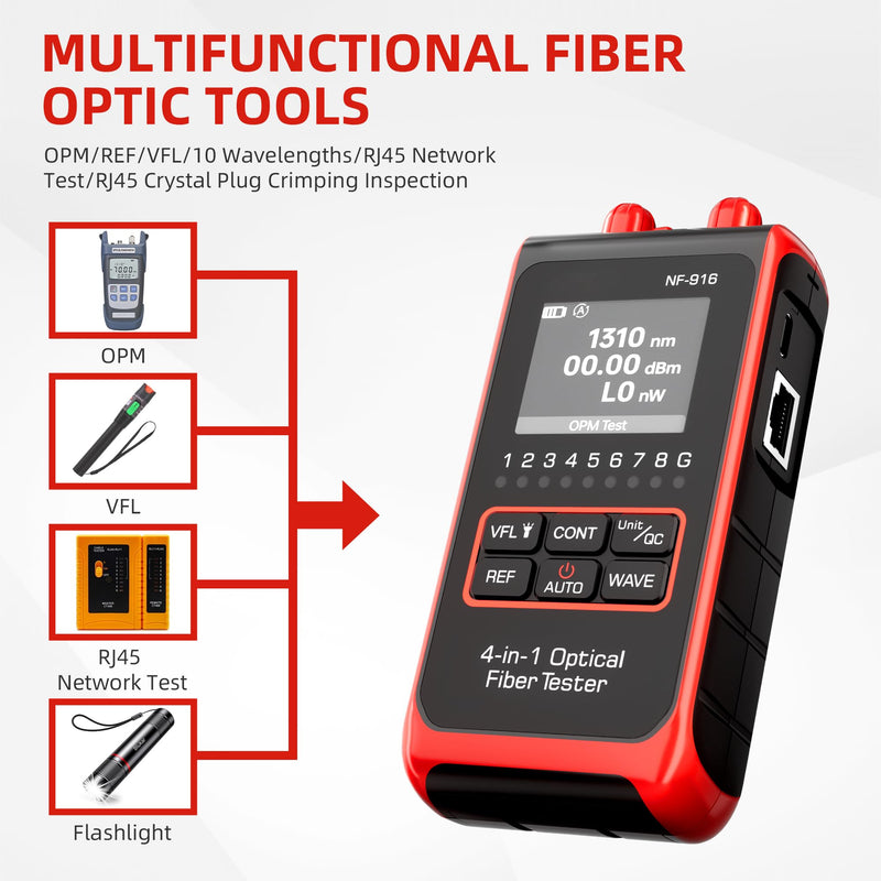 [Australia - AusPower] - Optical Power Meter Fiber Optic Cable Tester 4 in 1 Optical Fiber Light Power Meter, Portable Built-in 10mW Visual Fault Locator (OPM&VFL) Network Cable Tester, FC/SC/ST Universal Interface USB Charge NF-916 