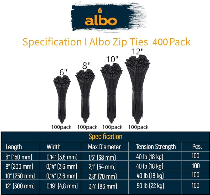 [Australia - AusPower] - ALBO Black Zip Ties Assorted Sizes 400 Pack Plastic Cable Ties 6+8+10+12 inch Wire Tie UV Resistant Nylon Tie Wraps Assorted Sizes Black Assorted Sizes 400 Pack 