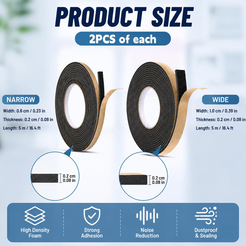 2 Rolls Expanding Foam Tape, Car Speaker Sealing Tape, Foams Grip Tapes, Soundproofing Waterproofing Gasket Tapes 10mm x 10m & 6mm x 10m Foam Single Sided (Black, 2mm Thick)
