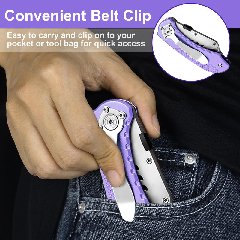 [Australia - AusPower] - Vickay Folding Utility Knife, Box Cutter with 5 SK5 Quick Change Blades, Safety Axis Lock Design Razor Knife, Lightweight Aluminum Handle Belt Clip for Office Home Artcraft （Light Purple) Light Purple 