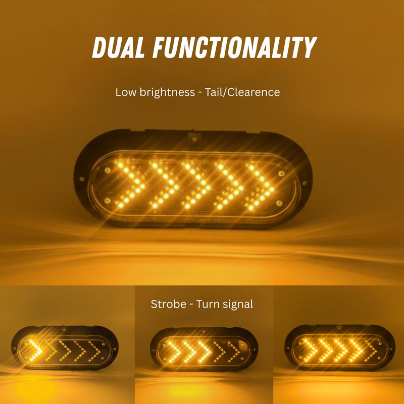 6" Oval Sequential Amber 45 LED Arrow Pointing Turn Signal Indicator Lights Truck Trailer Surface Mount Amber Lens Waterproof Sealed Marker Clearance Lights Flange Mount 12V 2 Pack IP67 3 PIN PLUG Clear Lens/Surface Mounting Bracket