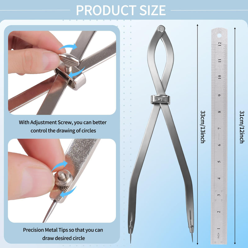 Radius Divider Tool 20" in with Bonus 12" Stainless Steel Ruler, Heavy Duty Wing Divider Scriber Marking Tool for Metalworking & Woodworking - Upgraded Lock Nut Design with Replaceable Sharp Points 12in 1