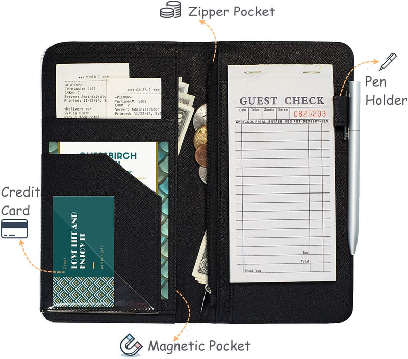[Australia - AusPower] - Zreal Server Book With Zipper Pocket, 5 X 9 Waitress Book, Magnetic Closure Pocket, Big Volume, Guest Check With Pen Holder for Waiter Server Wallet Fit Waitress Apron (Black) Plain Black 