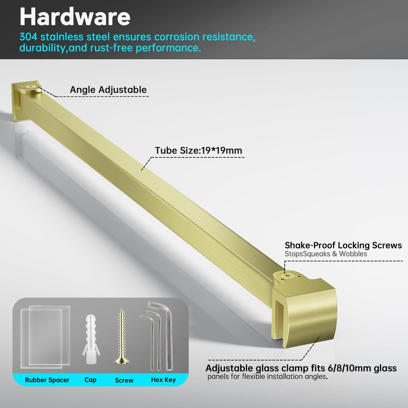 Frameless Shower Door Support Bar, Stainless Steel Wall-to-Glass Support Arm to Fixed Shower Glass Panel, for 1/4"-3/8" (6-10 mm) Door, 180° Pivot & Stow-Flat Mode (Brushed Gold, 15.8-inch(400mm)) Brushed Gold 15.8-inch(400mm)