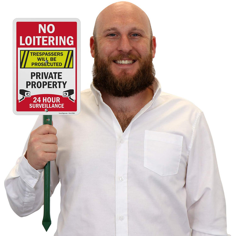 SmartSign “No Loitering - Private Property, 24 Hour Surveillance, Trespassers Will Be Prosecuted” Sign for Lawn | 21” Tall Stake & Sign Kit 21" Tall Sign Kit