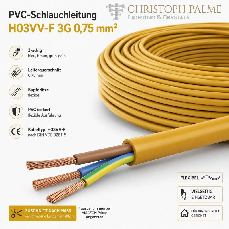 10 m Power Cable Brown 3 x 0.75 mm² 3-Core H03VV-F PVC Electrical Cable Flexible Hose Line 10 metres