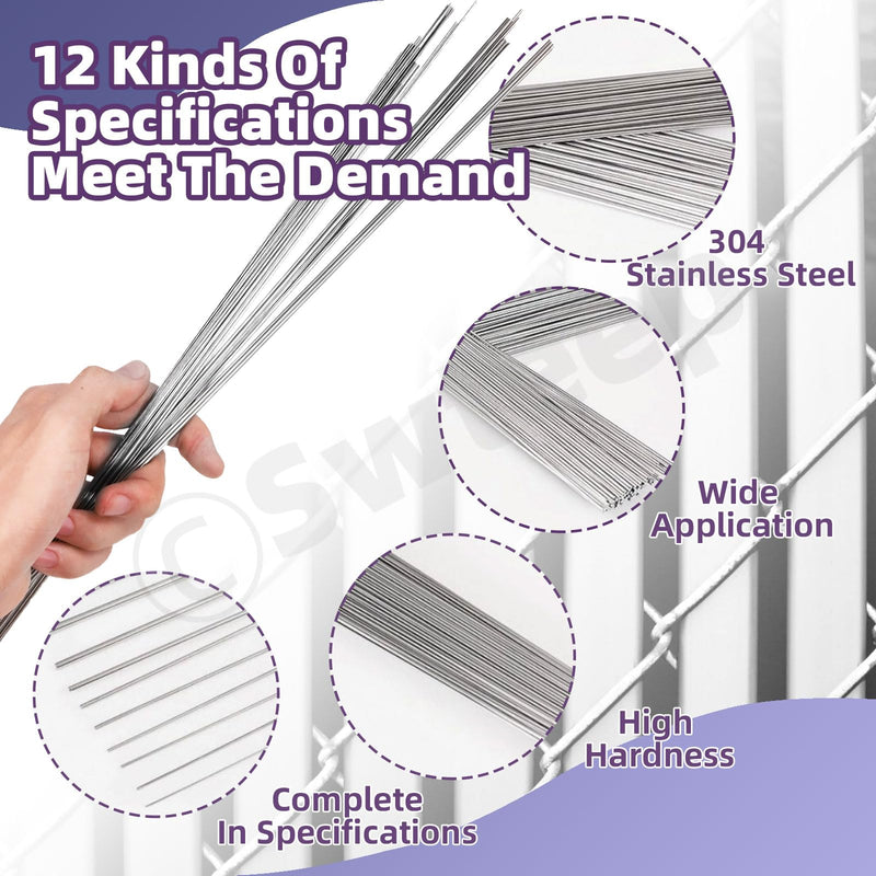 Swpeet 104Pcs 12 Sizes 0.3 mm, 0.4 mm, 0.5 mm, 0.6 mm, 0.8 mm, 1 mm, 1.2 mm, 1.4 mm, 1.6 mm, 1.8 mm, 2 mm, 3 mm 40cm-16" Length Stainless Steel Rods Sets