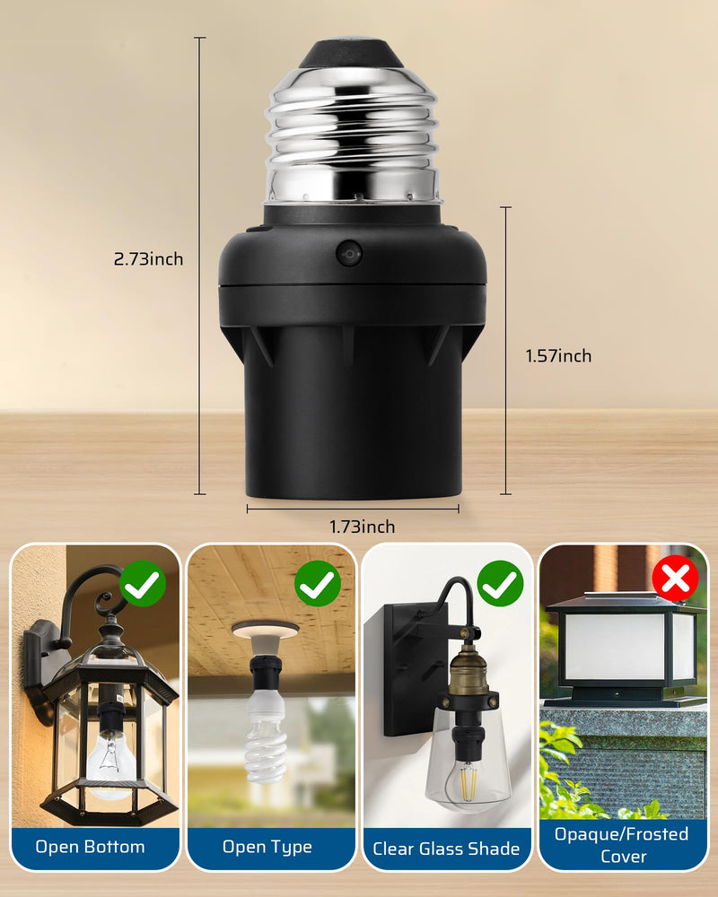 [Australia - AusPower] - DEWENWILS Light Sensor Socket, E26 E27 Dusk to Dawn Sensor Socket, Light Bulb Socket for Light Fixtures, Compatible with Incandescent/CFL/LED/Halogen Bulbs, Black, 2 Pack 