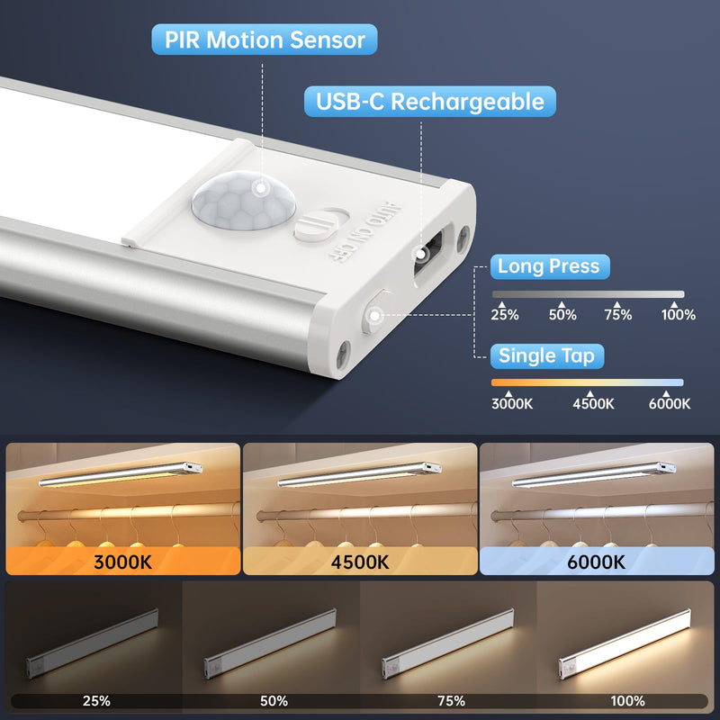 [Australia - AusPower] - Under Cabinet Lighting,5 Pack Rechargeable Motion Sensor Light Indoor,3 Colors Dimmable,Magnetic Closet Lights Battery Operated,Under Counter Lights for Kitchen,Wardrobe, Hallway, Home 8inch-5Pack 